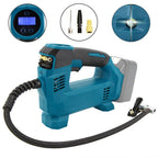 Blue and gray power tool with digital display, attachments, and hose on a white background