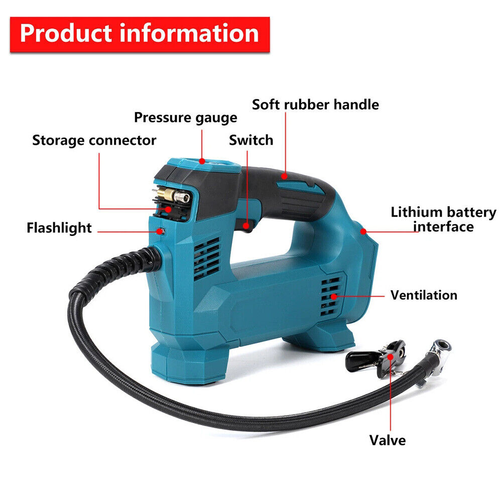 Blue air compressor with labeled parts on a white background