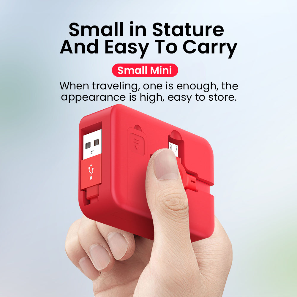 Red portable device held by a hand with promotional text on a light blue background