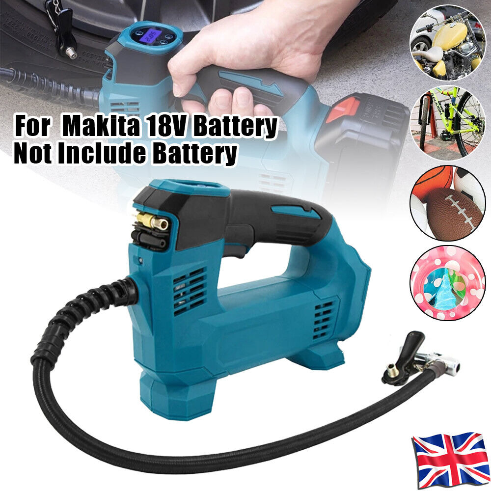 Blue and black cordless drill with text indicating it is for Makita 18V battery, not including the battery.