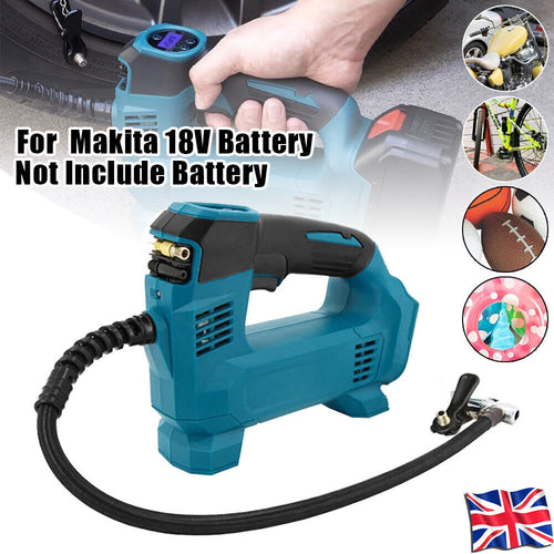 Blue and black cordless drill with text indicating it is for Makita 18V battery, not including the battery.