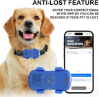 Dog wearing a blue GPS tracker with an app interface on a white background