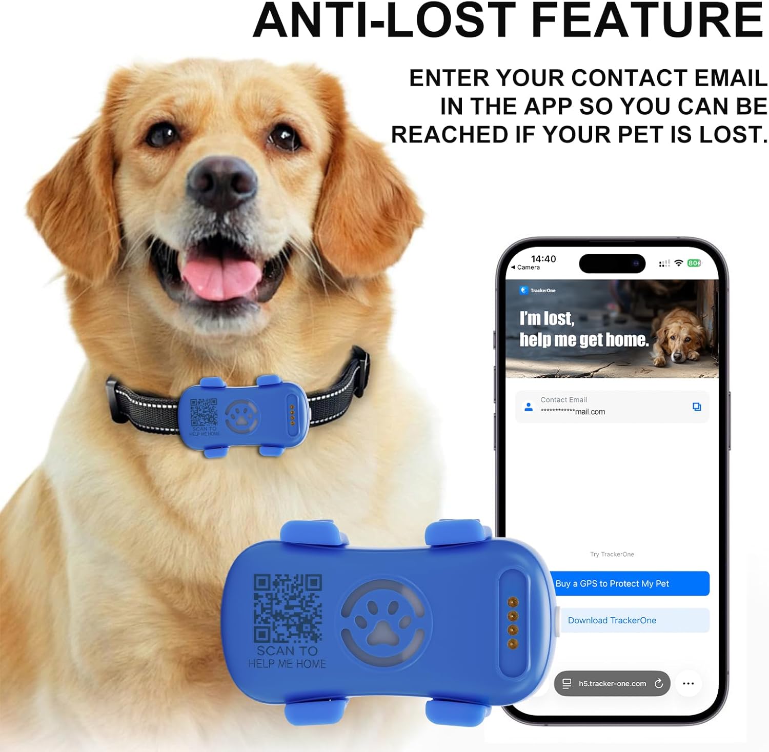 Dog wearing a blue GPS tracker with an app interface on a white background