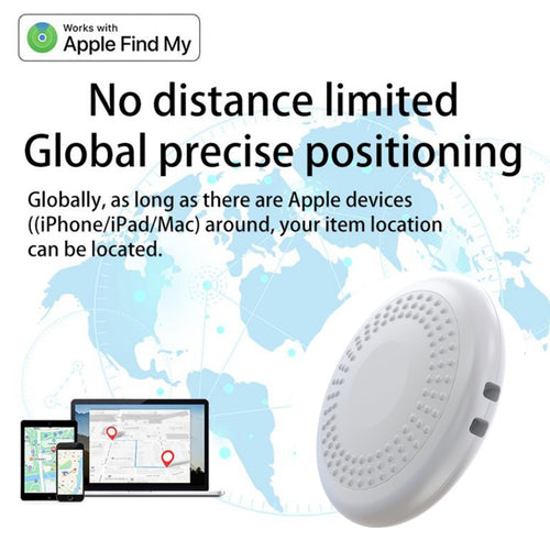 Location tracking device with Apple Find My branding and world map background