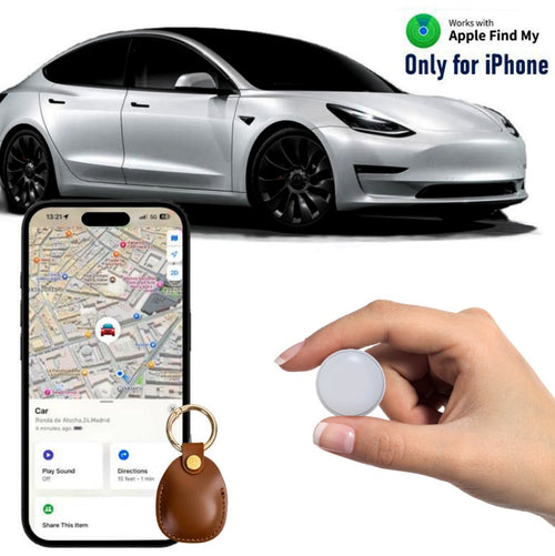 Smart car tracker with phone app and car in the background