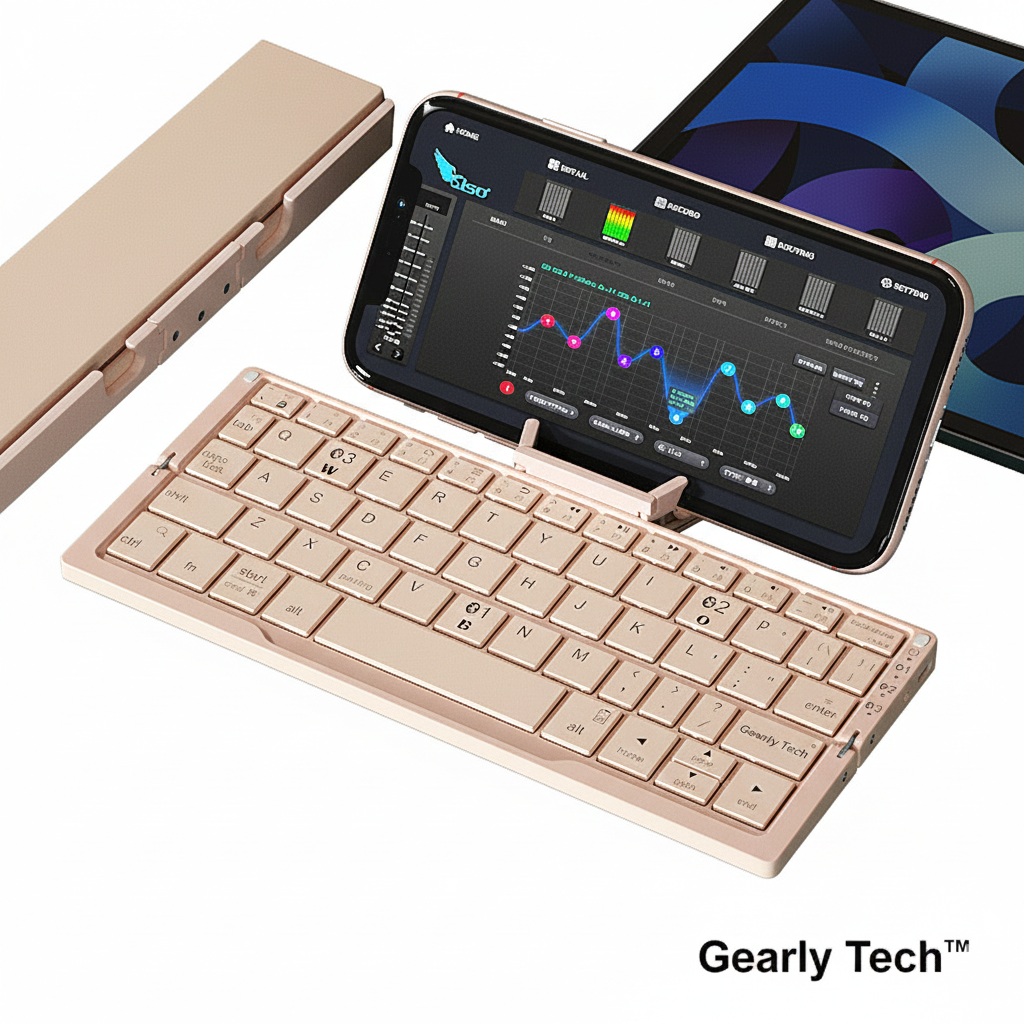 Foldable keyboard with a smartphone displaying a graph on a white background, branded 'Gearly Tech'.