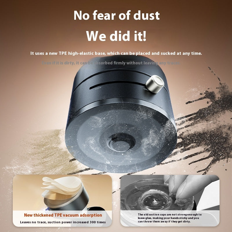 Black vacuum cleaning tool with text about TPE high-elastic base on a brown background