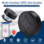 Black multi-function GPS mini locator with smartphone app interface on a blue gradient background