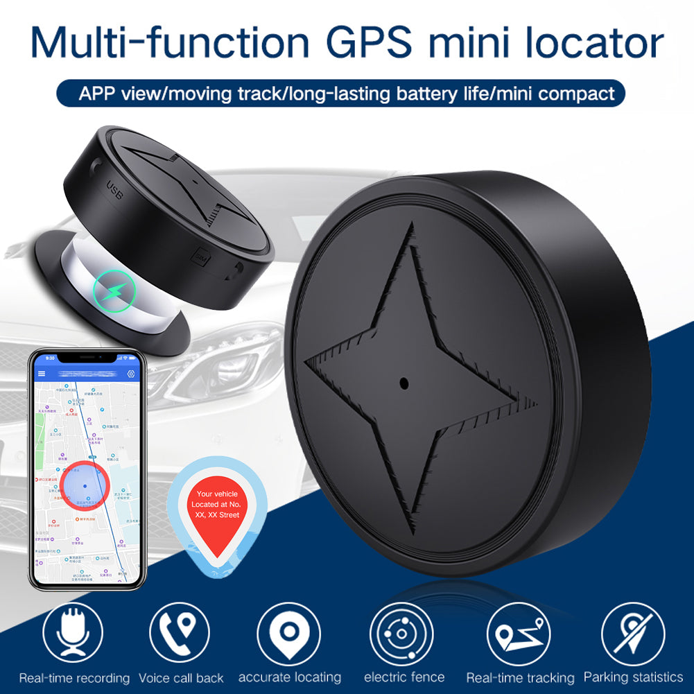 Black multi-function GPS mini locator with smartphone app interface on a blue gradient background