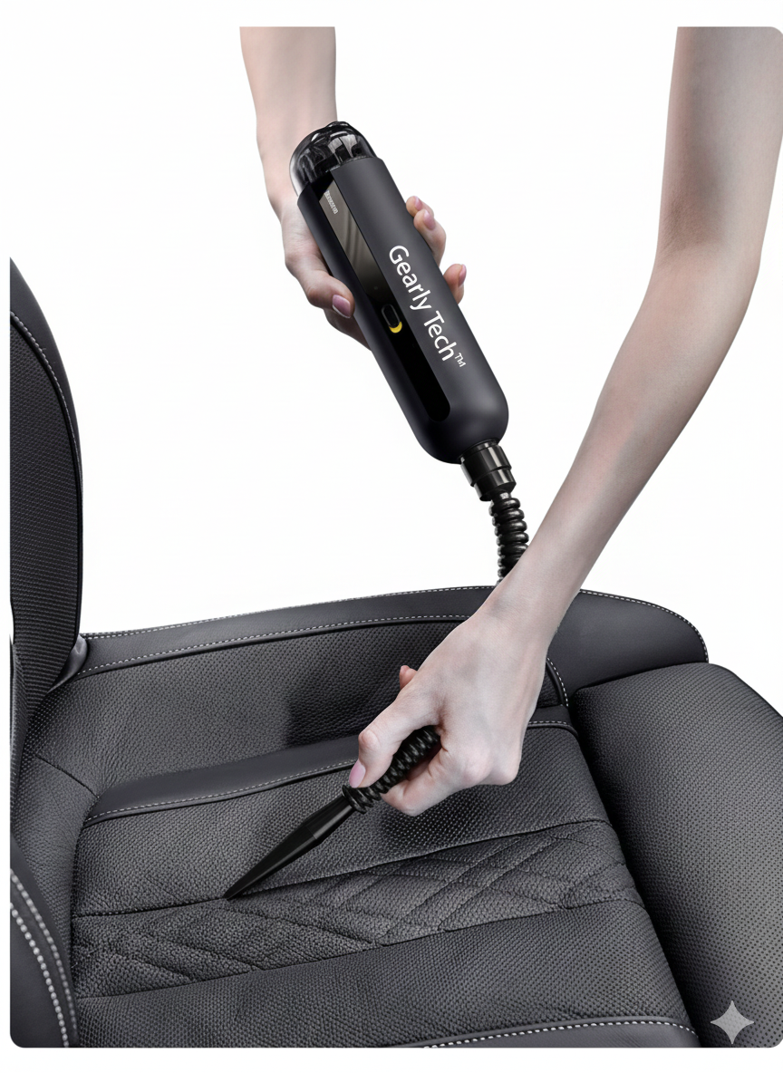 Person cleaning a car seat with a black vacuum cleaner labeled 'Geary Tech'.
