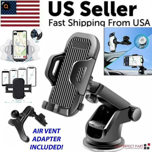 Phone holder with air vent adapter included, displayed on a white background with USA flag.